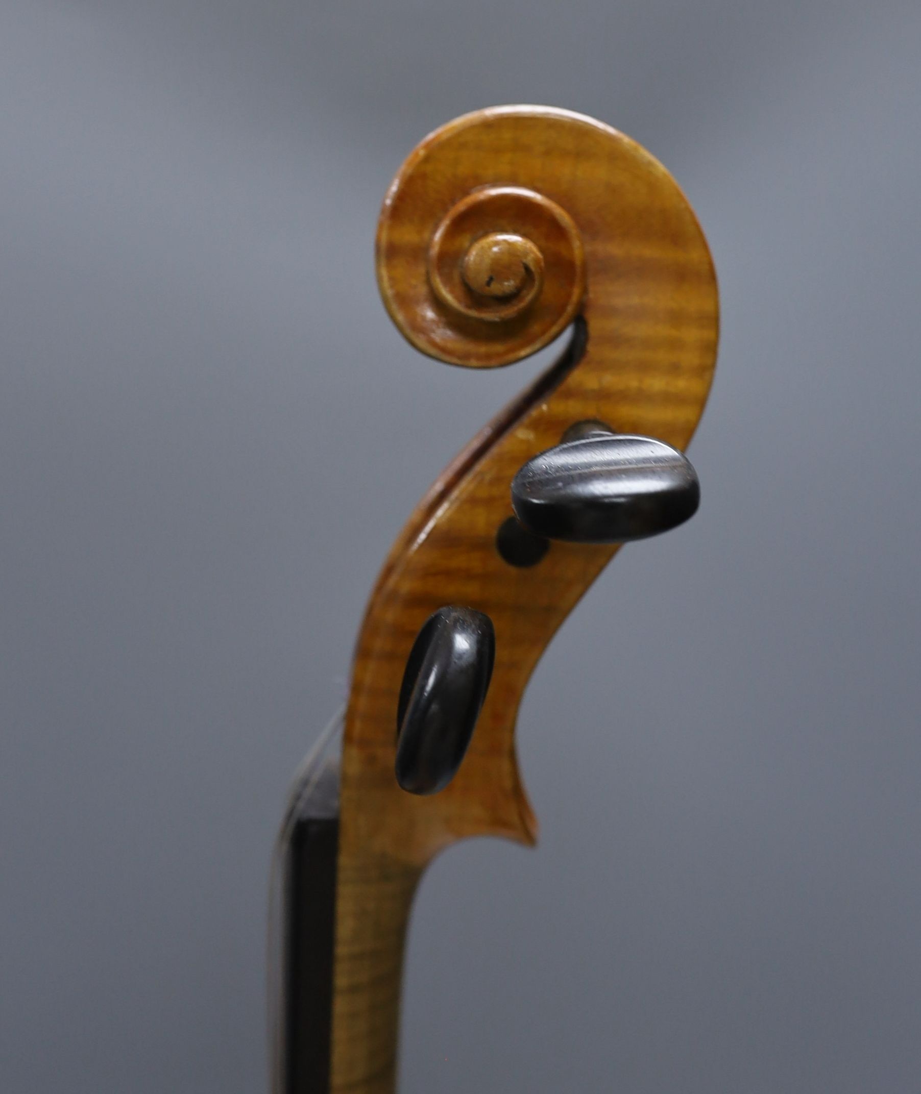 A 20th century violin in case with two bows, length of back 35.5cm